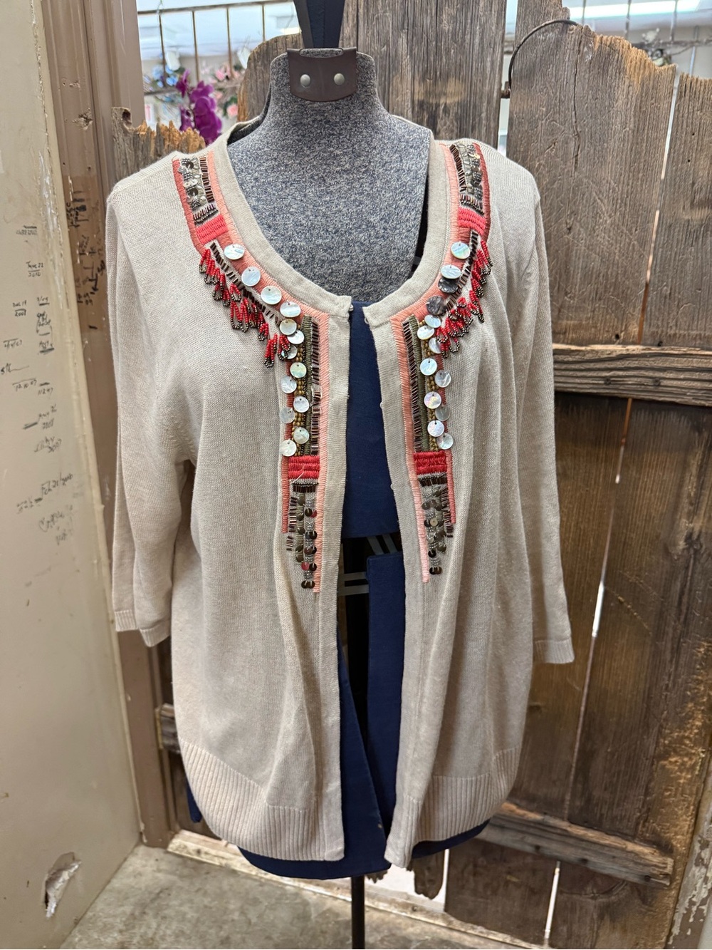 Source Unknown Cream Cardigan with Coral and Metallic Accents